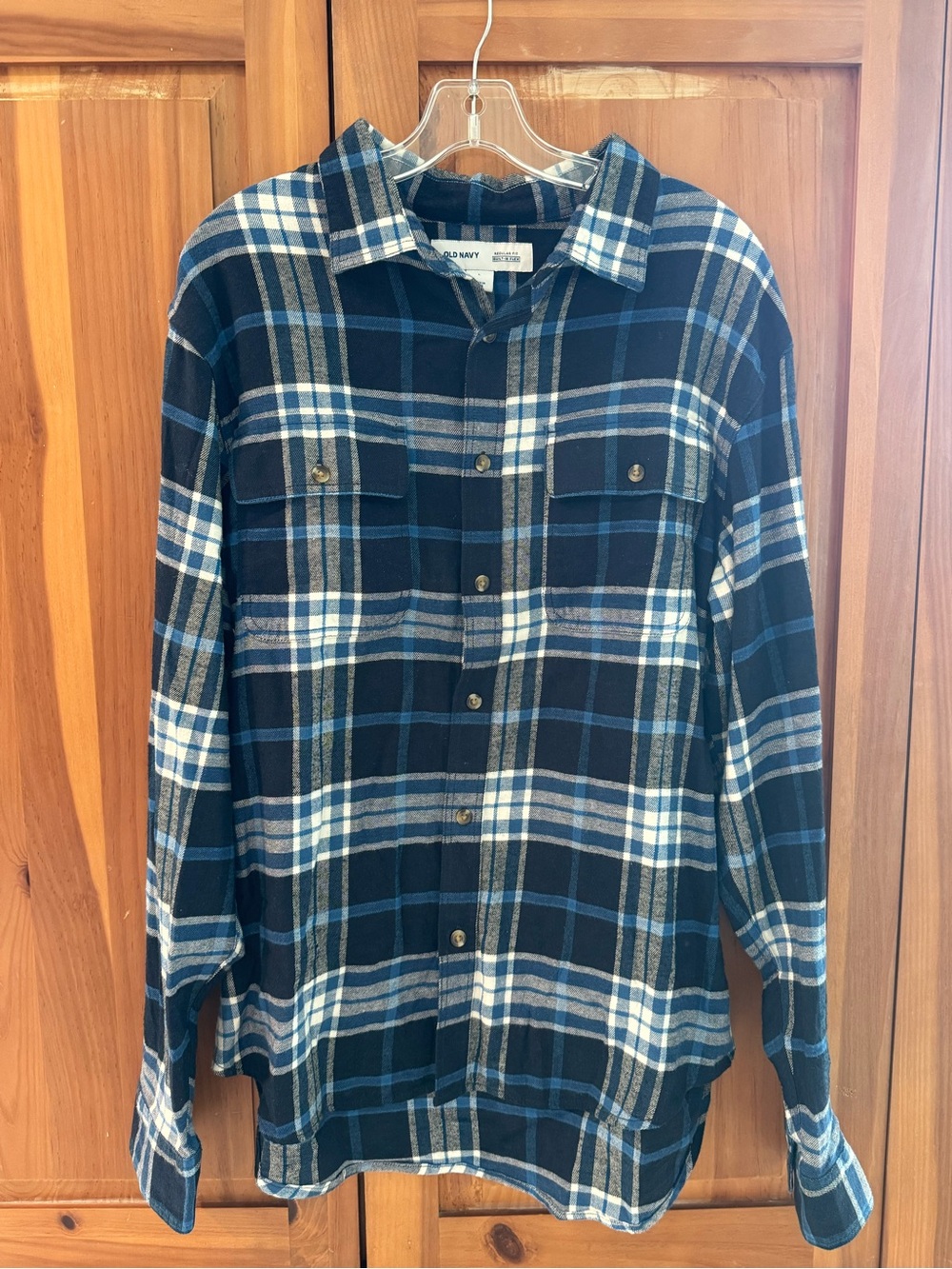 Old Navy Men's Navy and White Plaid Button-Down Shirt